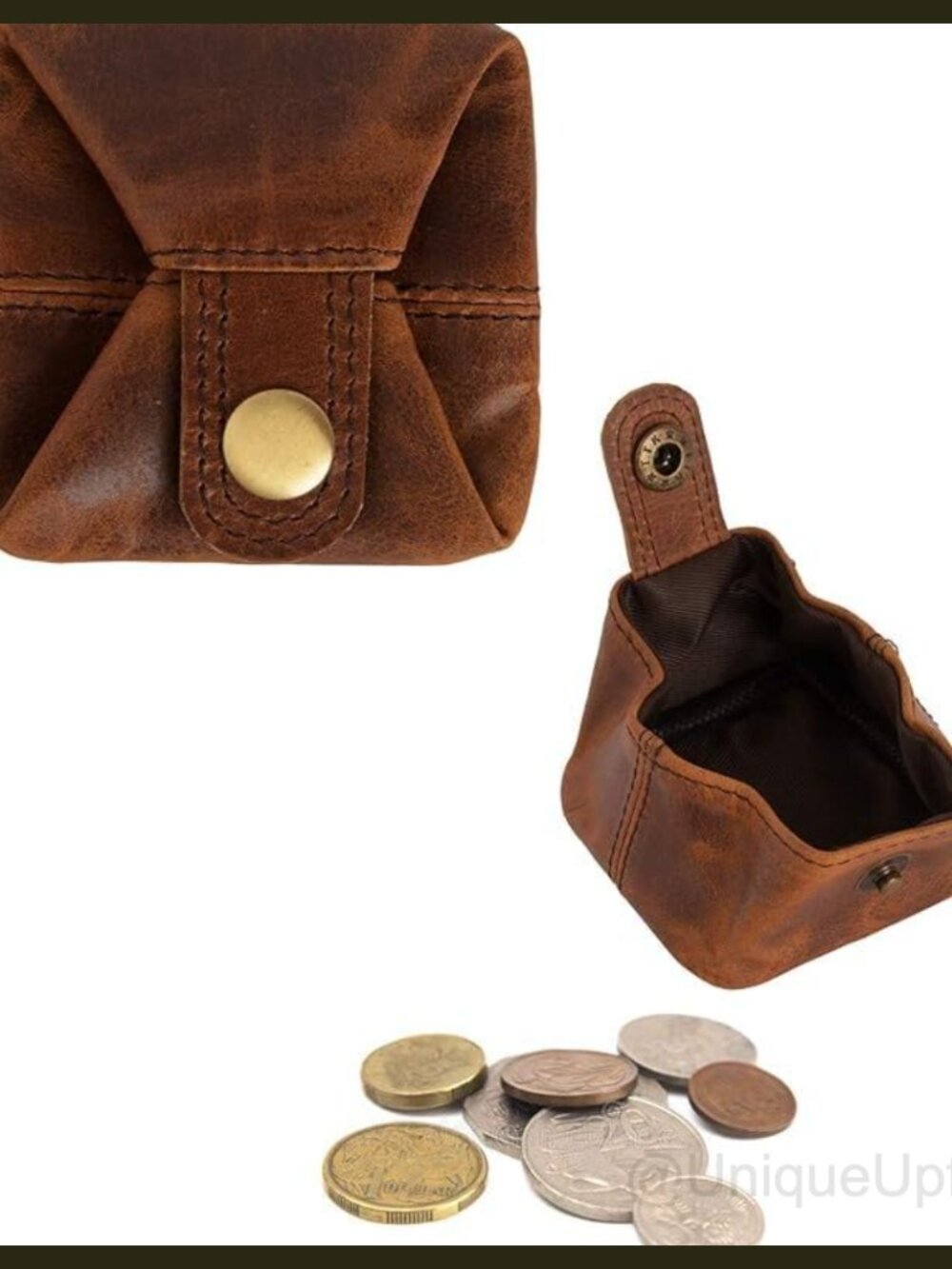 Full Grain Leather Coin Pouch Snap Closure Mini Wallet Handcrafted 3x3 in